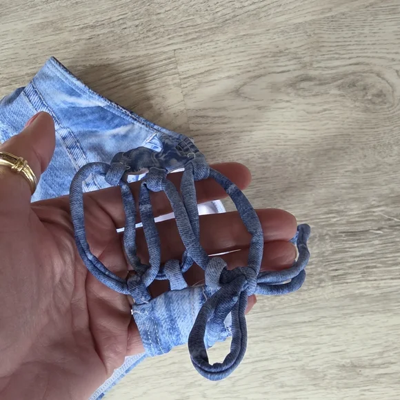 Denim Jean Look Triangle String, Lace up sides Bikini Large - Picture 9 of 10